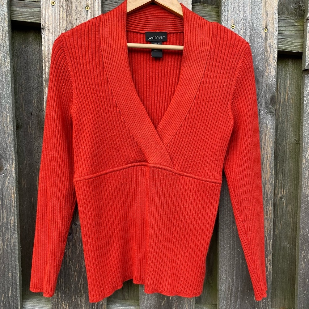 Lane Bryant Ribbed Knit V Neck dark burnt orange sweater Great fall colo…